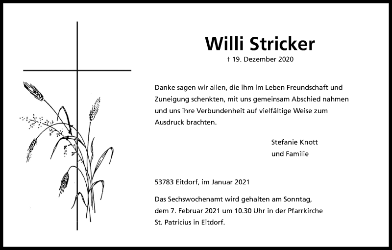  Traueranzeige für Willi Stricker vom 30.01.2021 aus Kölner Stadt-Anzeiger / Kölnische Rundschau / Express