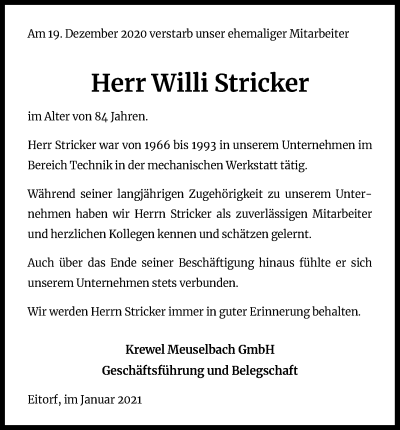  Traueranzeige für Willi Stricker vom 07.01.2021 aus Kölner Stadt-Anzeiger / Kölnische Rundschau / Express