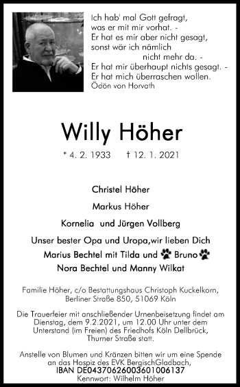 Anzeige von Willy Höher von Kölner Stadt-Anzeiger / Kölnische Rundschau / Express