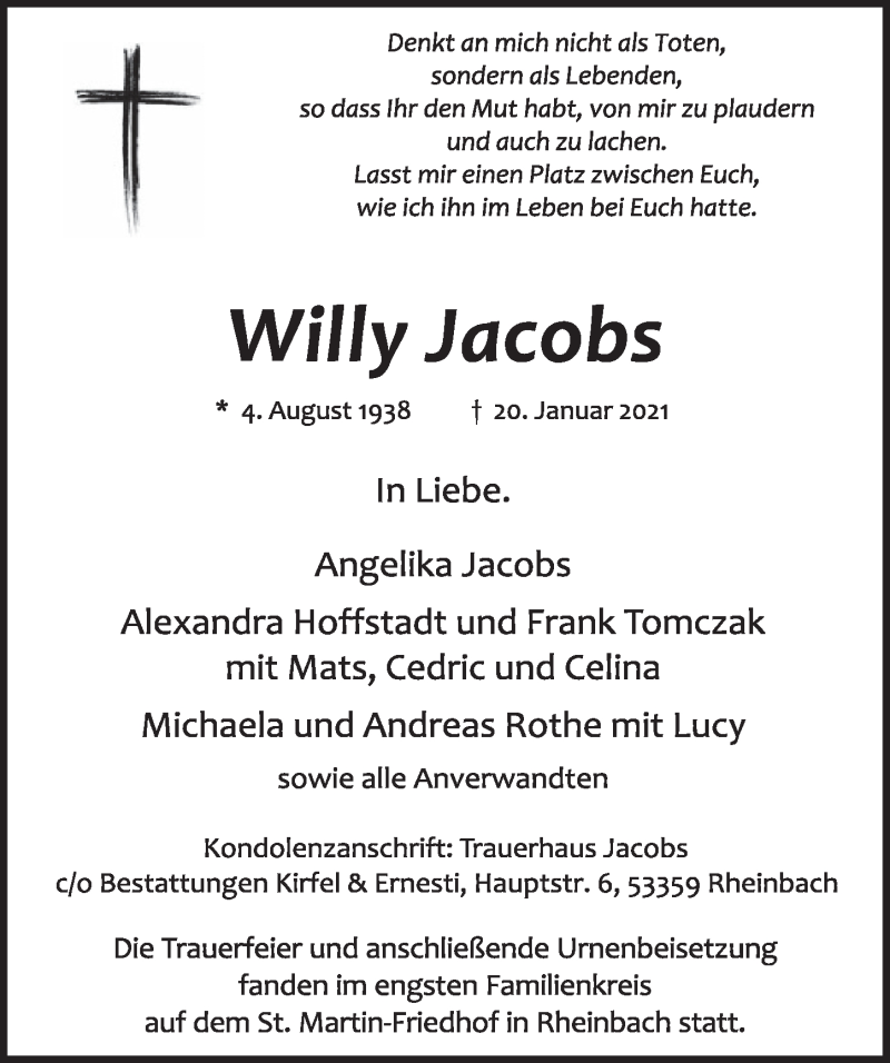  Traueranzeige für Willy Jacobs vom 29.01.2021 aus  Schaufenster/Blickpunkt 