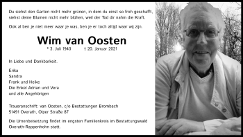 Anzeige von Wim van Oosten von Kölner Stadt-Anzeiger / Kölnische Rundschau / Express