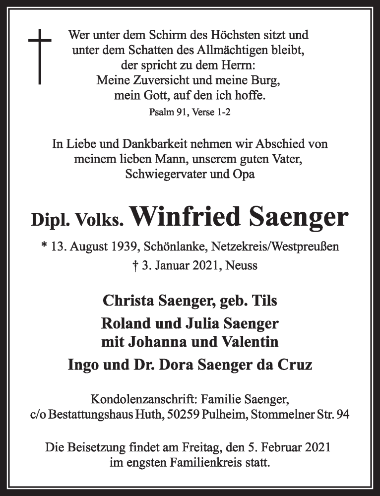  Traueranzeige für Winfried Saenger vom 15.01.2021 aus  Wochenende 