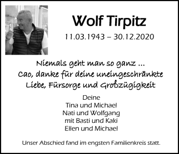 Anzeige von Wolf Tirpitz von Kölner Stadt-Anzeiger / Kölnische Rundschau / Express