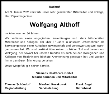 Anzeige von Wolfgang Althoff von Kölner Stadt-Anzeiger / Kölnische Rundschau / Express