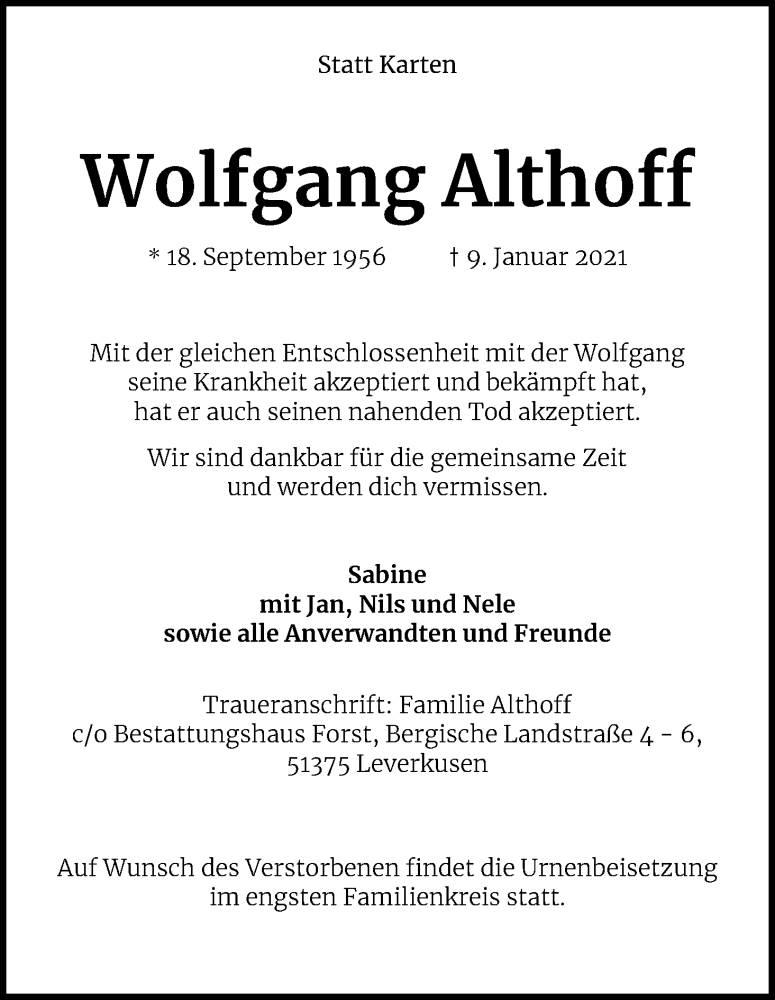  Traueranzeige für Wolfgang Althoff vom 16.01.2021 aus Kölner Stadt-Anzeiger / Kölnische Rundschau / Express