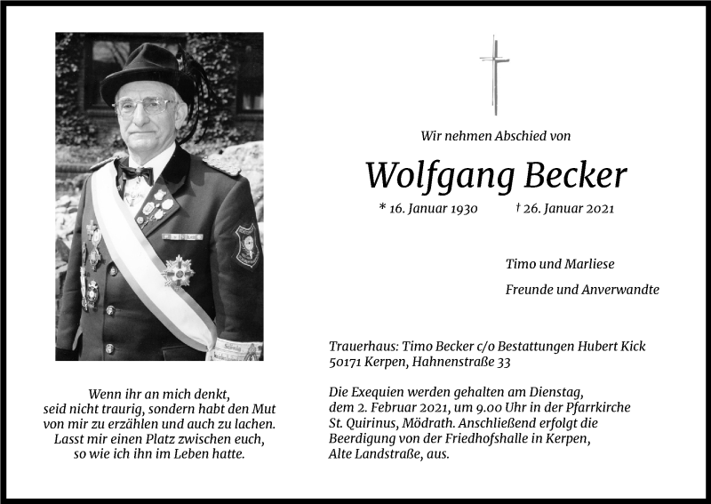  Traueranzeige für Wolfgang Becker vom 30.01.2021 aus Kölner Stadt-Anzeiger / Kölnische Rundschau / Express
