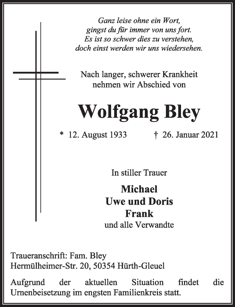  Traueranzeige für Wolfgang Bley vom 29.01.2021 aus  Wochenende 