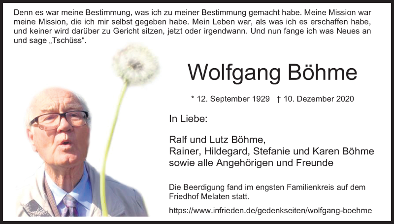  Traueranzeige für Wolfgang Böhme vom 23.01.2021 aus Kölner Stadt-Anzeiger / Kölnische Rundschau / Express
