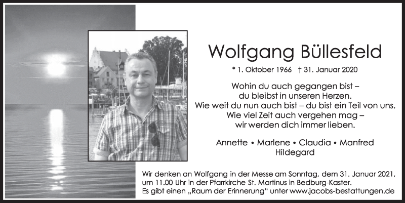  Traueranzeige für Wolfgang Büllesfeld vom 22.01.2021 aus  Werbepost 