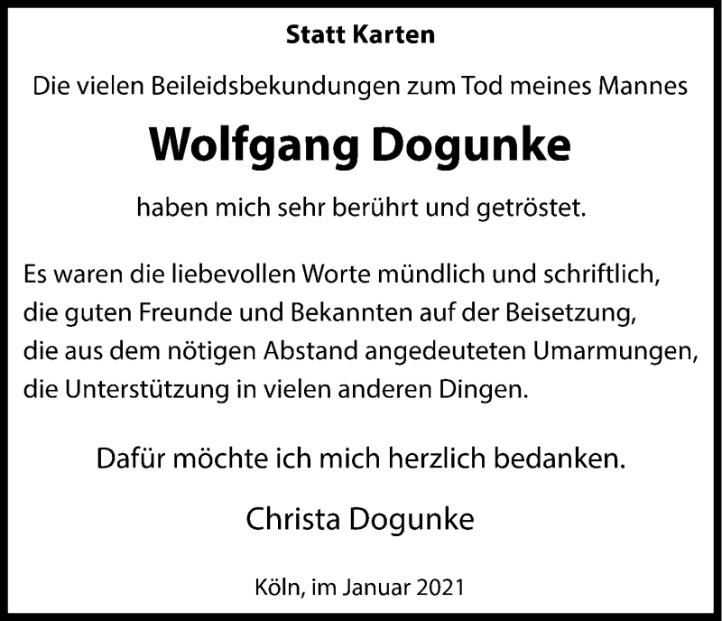  Traueranzeige für Wolfgang Dogunke vom 20.01.2021 aus Kölner Stadt-Anzeiger / Kölnische Rundschau / Express
