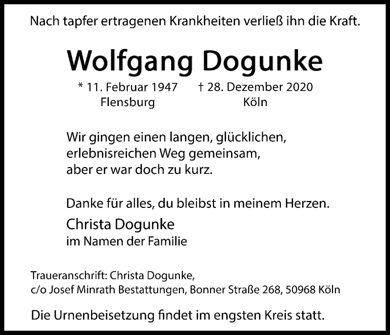  Traueranzeige für Wolfgang Dogunke vom 06.01.2021 aus Kölner Stadt-Anzeiger / Kölnische Rundschau / Express