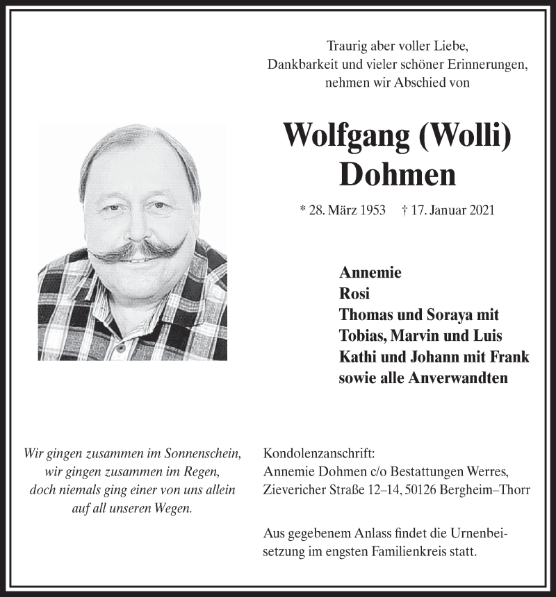  Traueranzeige für Wolfgang Dohmen vom 22.01.2021 aus  Werbepost 