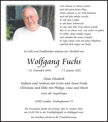 Anzeige von Wolfgang Fuchs von Kölner Stadt-Anzeiger / Kölnische Rundschau / Express