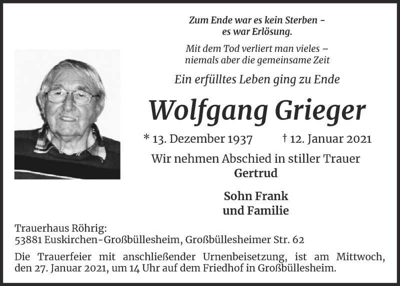  Traueranzeige für Wolfgang Grieger vom 23.01.2021 aus  Blickpunkt Euskirchen 