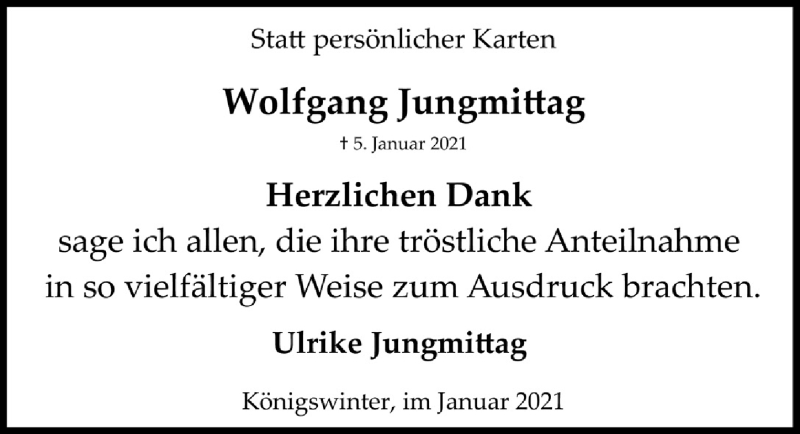  Traueranzeige für Wolfgang Jungmittag vom 29.01.2021 aus  Extra Blatt 