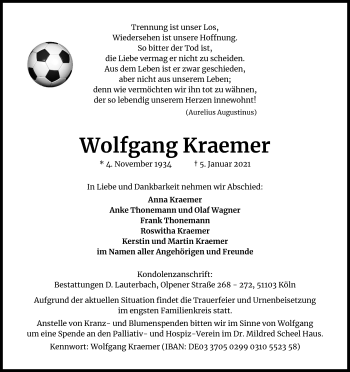 Anzeige von Wolfgang Kraemer von Kölner Stadt-Anzeiger / Kölnische Rundschau / Express