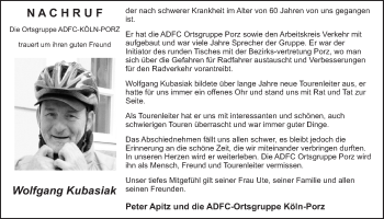 Anzeige von Wolfgang Kubasiak von  Kölner Wochenspiegel 