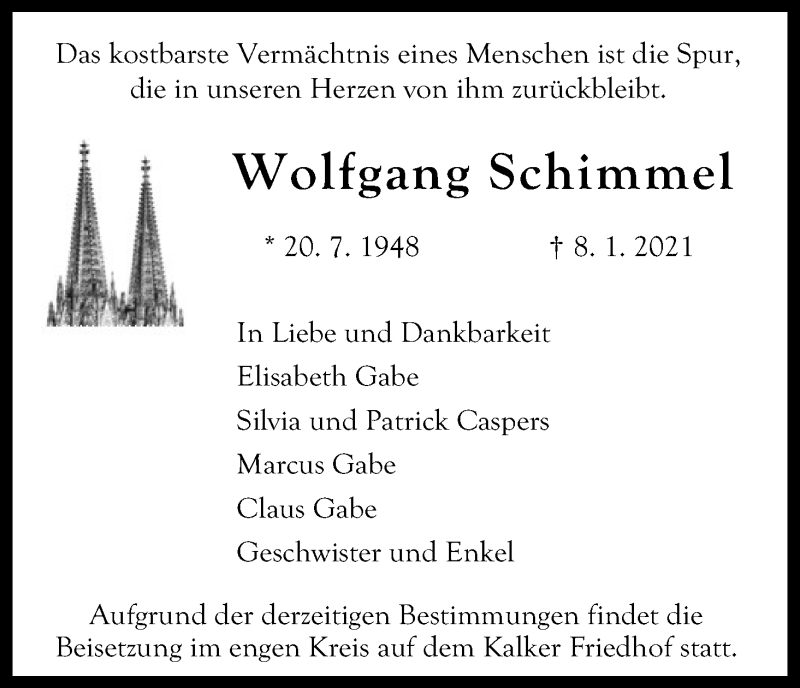  Traueranzeige für Wolfgang Schimmel vom 20.01.2021 aus Kölner Stadt-Anzeiger / Kölnische Rundschau / Express