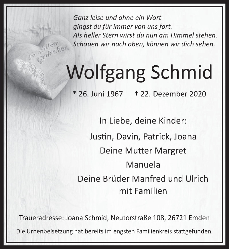  Traueranzeige für Wolfgang Schmid vom 08.01.2021 aus  Werbepost 
