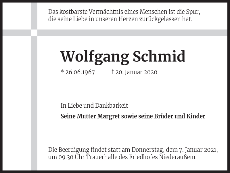  Traueranzeige für Wolfgang Schmid vom 06.01.2021 aus Kölner Stadt-Anzeiger / Kölnische Rundschau / Express