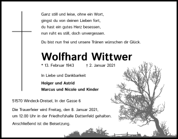 Anzeige von Wolfhard Wittwer von Kölner Stadt-Anzeiger / Kölnische Rundschau / Express