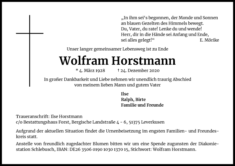  Traueranzeige für Wolfram Horstmann vom 02.01.2021 aus Kölner Stadt-Anzeiger / Kölnische Rundschau / Express