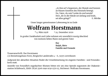 Anzeige von Wolfram Horstmann von Kölner Stadt-Anzeiger / Kölnische Rundschau / Express