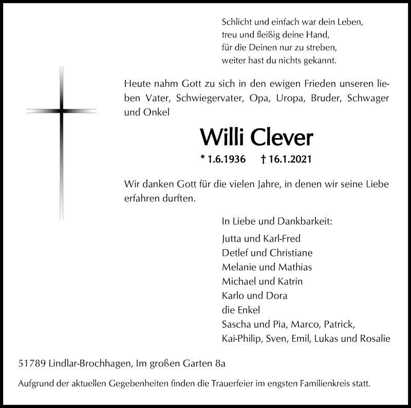  Traueranzeige für Wwilli Clever vom 23.01.2021 aus Kölner Stadt-Anzeiger / Kölnische Rundschau / Express