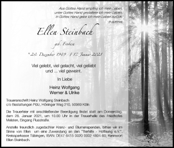 Anzeige von Ellen Steinbach von Kölner Stadt-Anzeiger / Kölnische Rundschau / Express