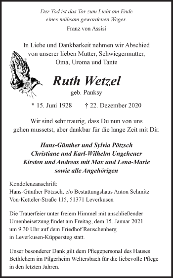 Anzeige von Ruth Wetzel von Kölner Stadt-Anzeiger / Kölnische Rundschau / Express