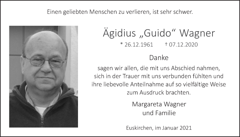  Traueranzeige für Ägidius Wagner vom 16.01.2021 aus  Blickpunkt Euskirchen 