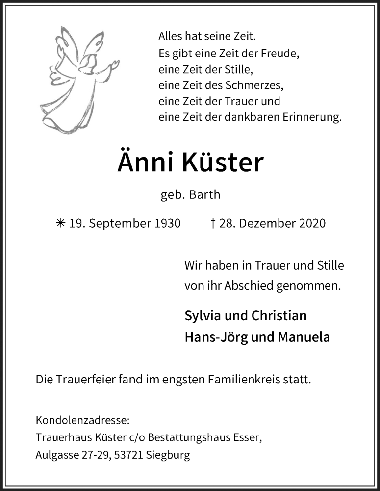  Traueranzeige für Änni Küster vom 09.01.2021 aus Kölner Stadt-Anzeiger / Kölnische Rundschau / Express