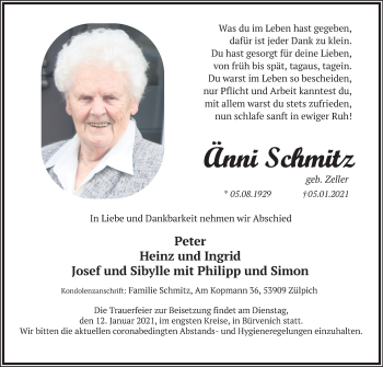 Anzeige von Änni Schmitz von Kölner Stadt-Anzeiger / Kölnische Rundschau / Express