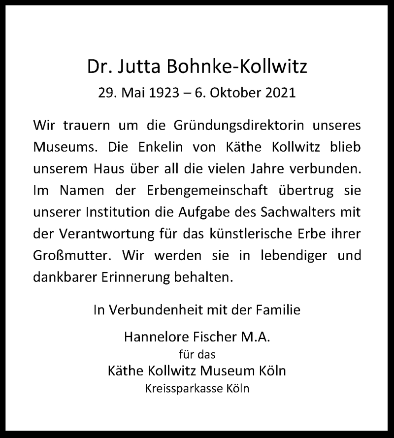  Traueranzeige für Jutta Bohnke-Kollwitz vom 23.10.2021 aus Kölner Stadt-Anzeiger / Kölnische Rundschau / Express