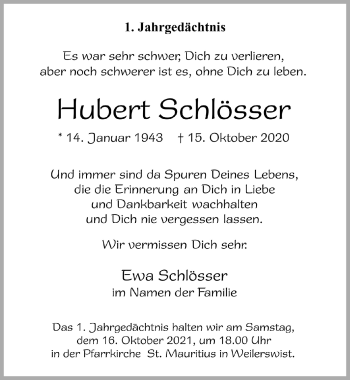 Anzeige von Hubert Schlösser von Blickpunkt Euskirchen