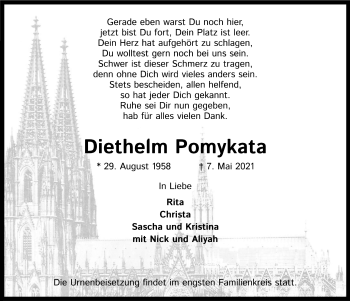 Anzeige von Diethelm Pomykata von Kölner Stadt-Anzeiger / Kölnische Rundschau / Express
