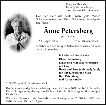 Anzeige von Änne Petersberg von Kölner Stadt-Anzeiger / Kölnische Rundschau / Express