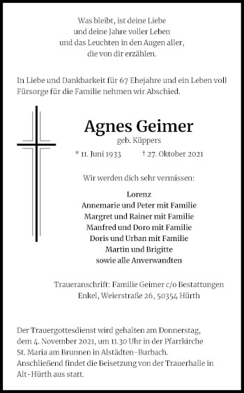 Anzeige von Agnes Geimer von Kölner Stadt-Anzeiger / Kölnische Rundschau / Express