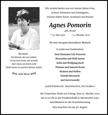Anzeige von Agnes Pomorin von Kölner Stadt-Anzeiger / Kölnische Rundschau / Express