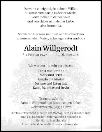 Anzeige von Alain Willgerodt von Kölner Stadt-Anzeiger / Kölnische Rundschau / Express