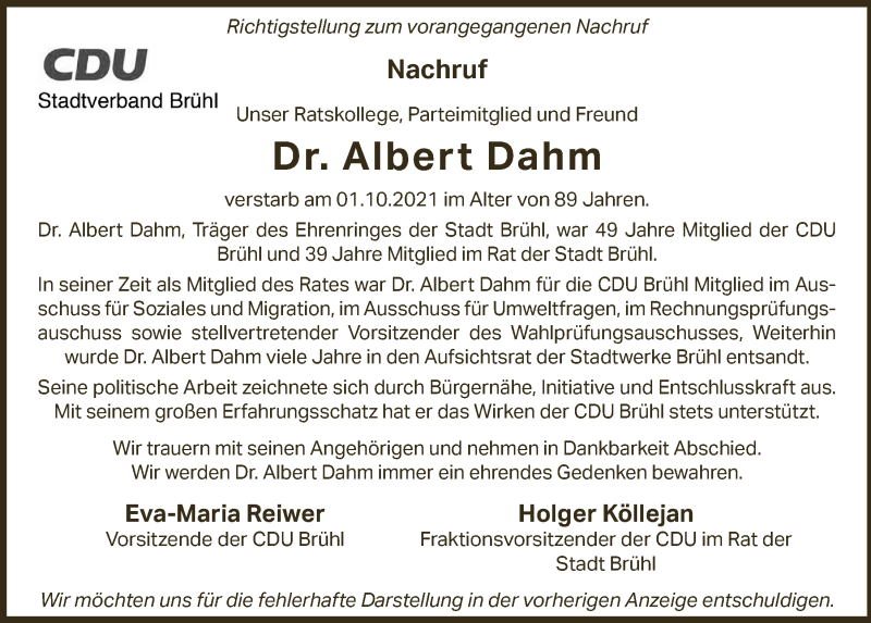  Traueranzeige für Albert Dahm vom 29.10.2021 aus  Schlossbote/Werbekurier 