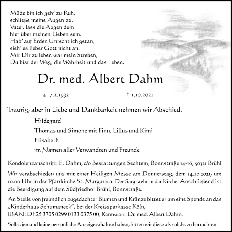  Traueranzeige für Albert Dahm vom 08.10.2021 aus  Schlossbote/Werbekurier 