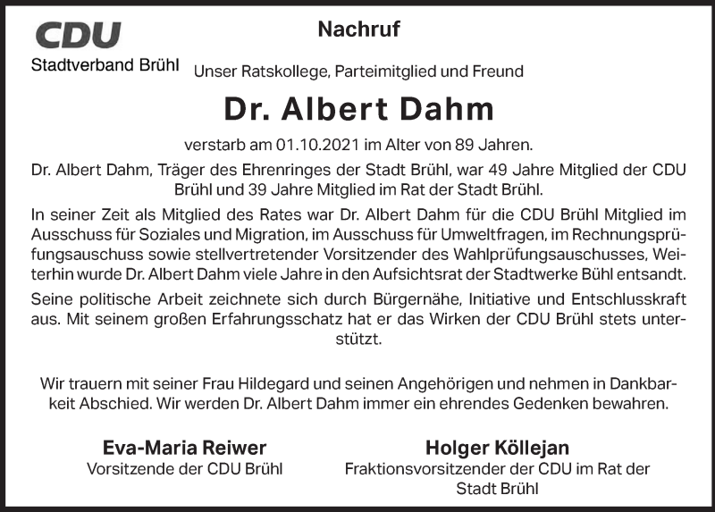  Traueranzeige für Albert Dahm vom 15.10.2021 aus  Schlossbote/Werbekurier 