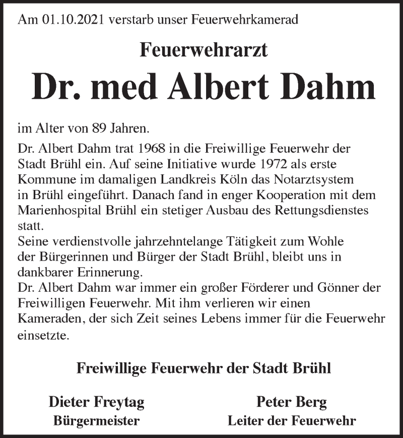  Traueranzeige für Albert Dahm vom 15.10.2021 aus  Schlossbote/Werbekurier 