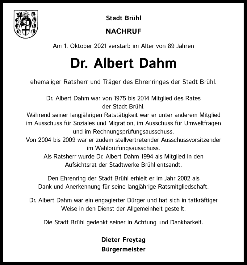  Traueranzeige für Albert Dahm vom 09.10.2021 aus Kölner Stadt-Anzeiger / Kölnische Rundschau / Express