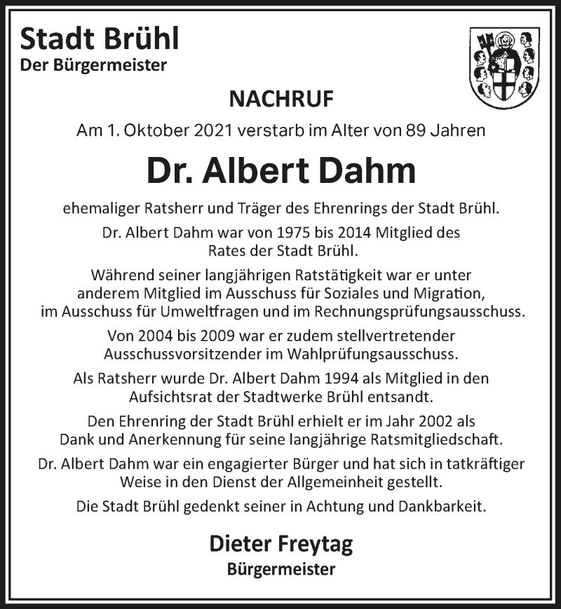  Traueranzeige für Albert Dahm vom 15.10.2021 aus  Schlossbote/Werbekurier 