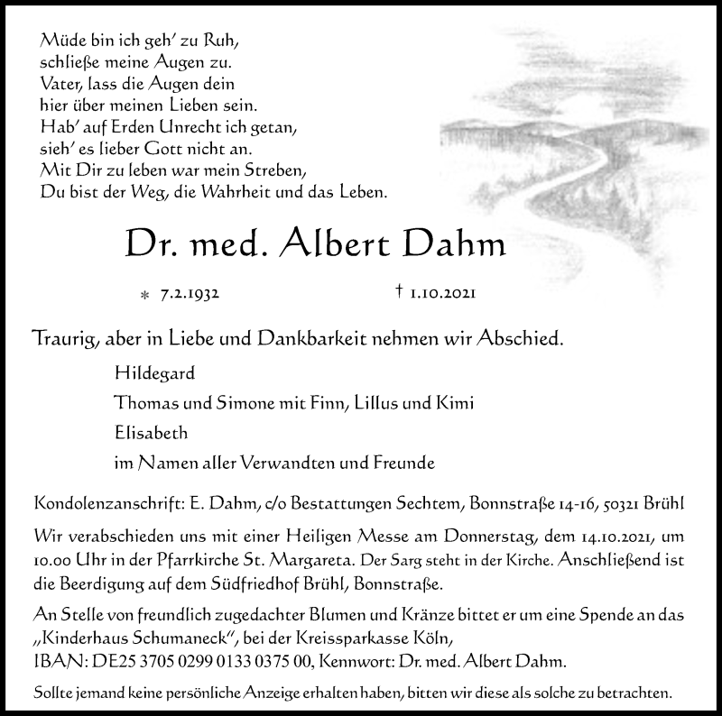  Traueranzeige für Albert Dahm vom 09.10.2021 aus Kölner Stadt-Anzeiger / Kölnische Rundschau / Express