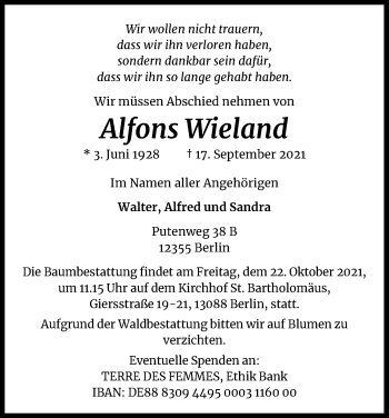 Anzeige von Alfons Wieland von Kölner Stadt-Anzeiger / Kölnische Rundschau / Express