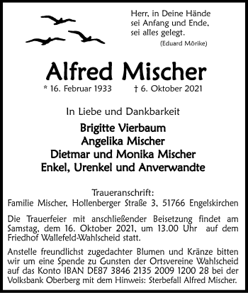 Anzeige von Alfred Mischer von Kölner Stadt-Anzeiger / Kölnische Rundschau / Express