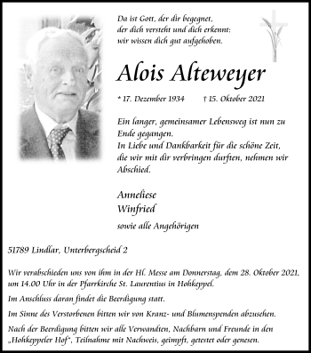 Anzeige von Alois Alteweyer von Kölner Stadt-Anzeiger / Kölnische Rundschau / Express